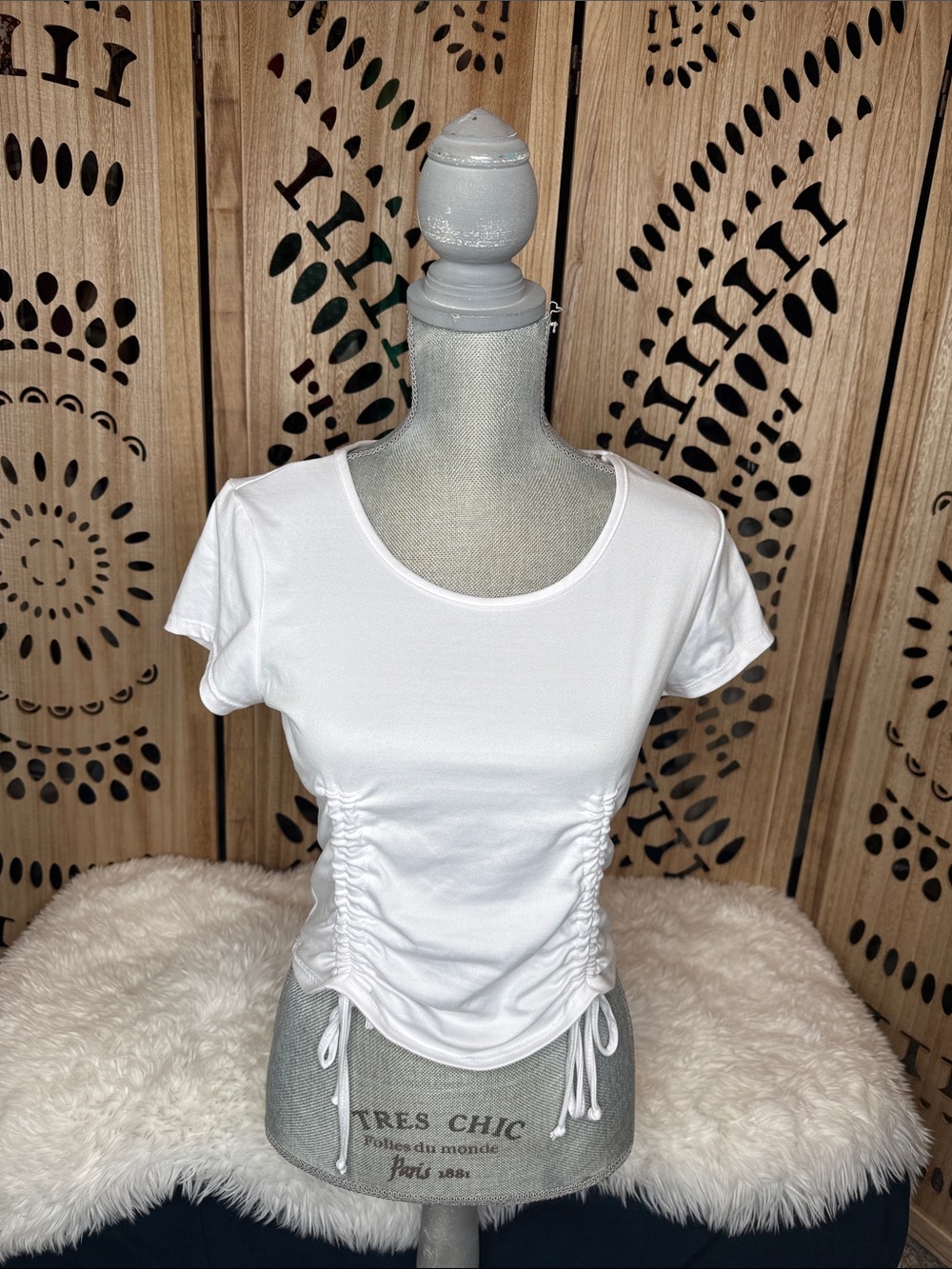 YMI White Ruched Side Drawstring Short Sleeve Tee